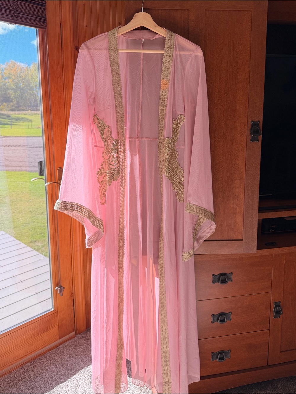Vintage Sheer Embroidered Kimono Robe Duster Pink with Gold Trim